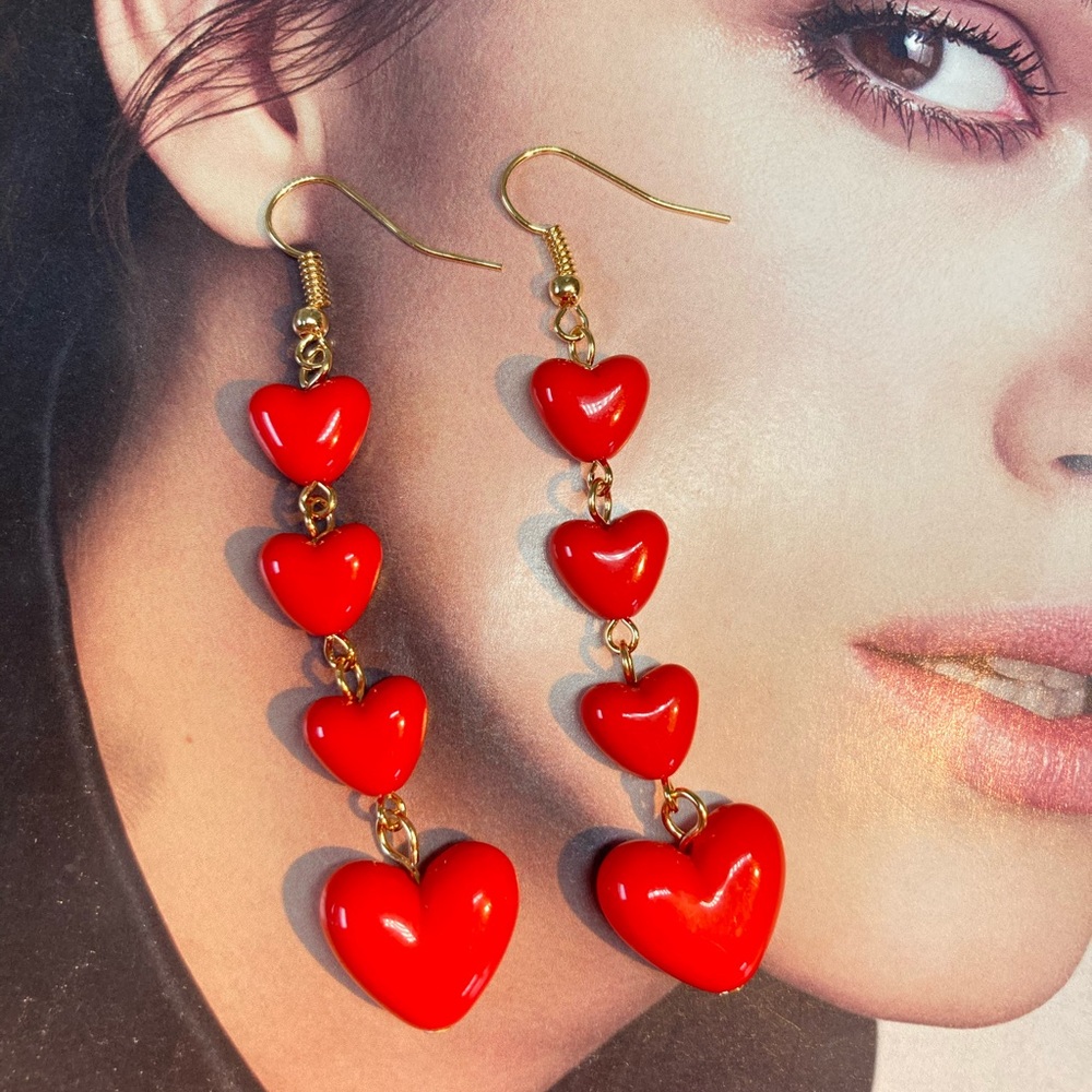 Long Red Heart ❤️ Earrings - Picture 3 of 5